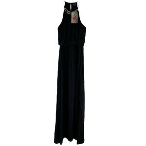 Lily Rose Maxi Dress Womens Black Gauzy Halter Sleeveless Metal Embellishment XS
